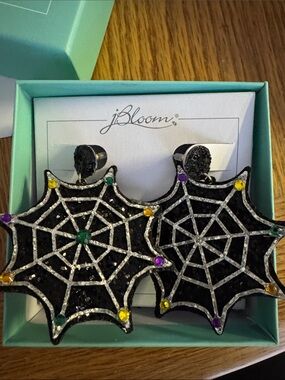 Bloom Halloween Black Spiderweb Statement Earrings with Multicolor Gems